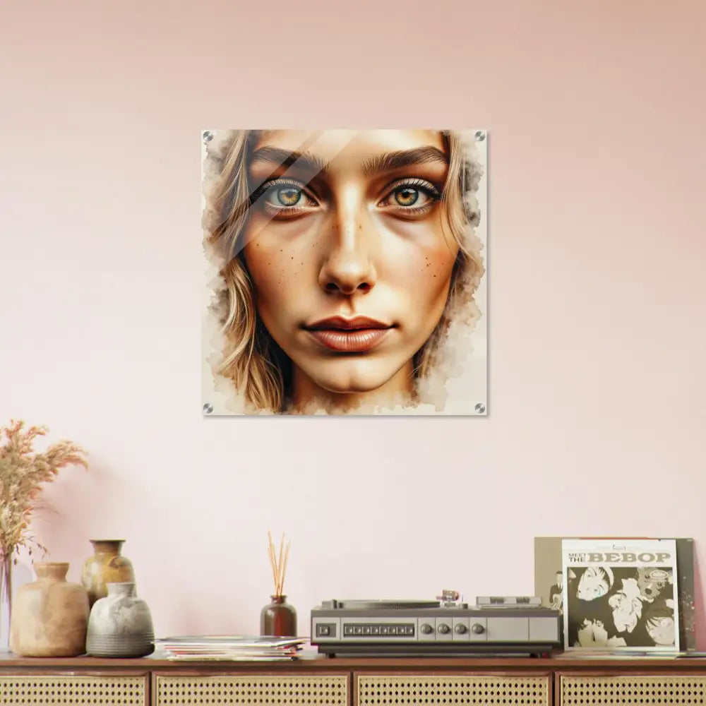Vibrant watercolor-style woman’s face portrait on clear acrylic glass high-impact print