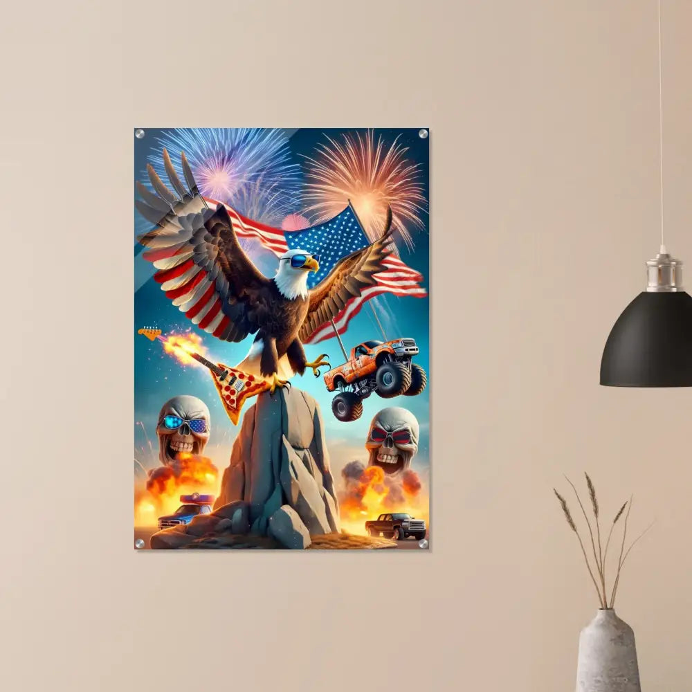 Patriotic eagle rock poster acrylic print in PixiOnyx Dimensional Glasswork exhibit