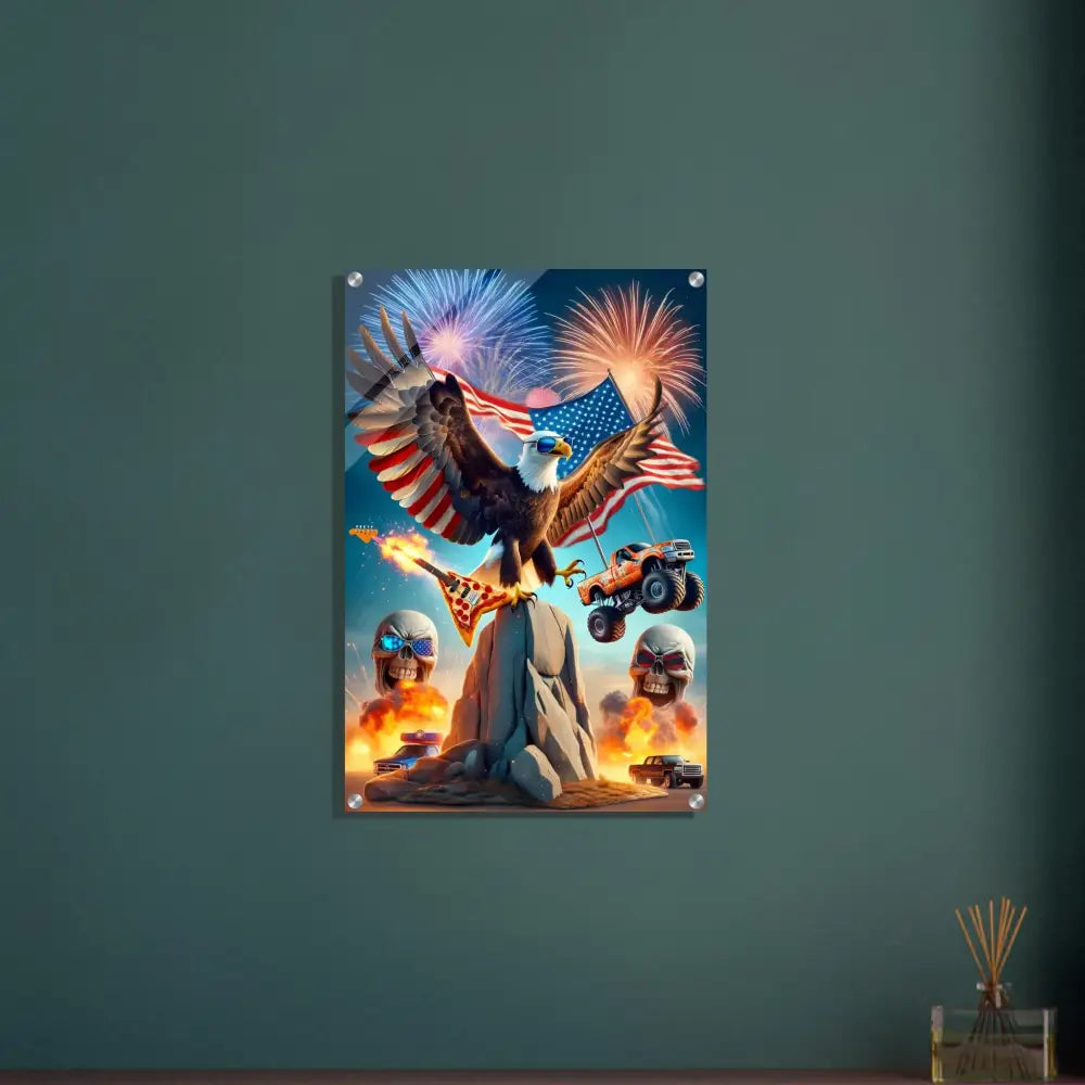 Patriotic eagle rock poster displayed in Acrylic Print Freedom Shreds Eternal PixiOnyx