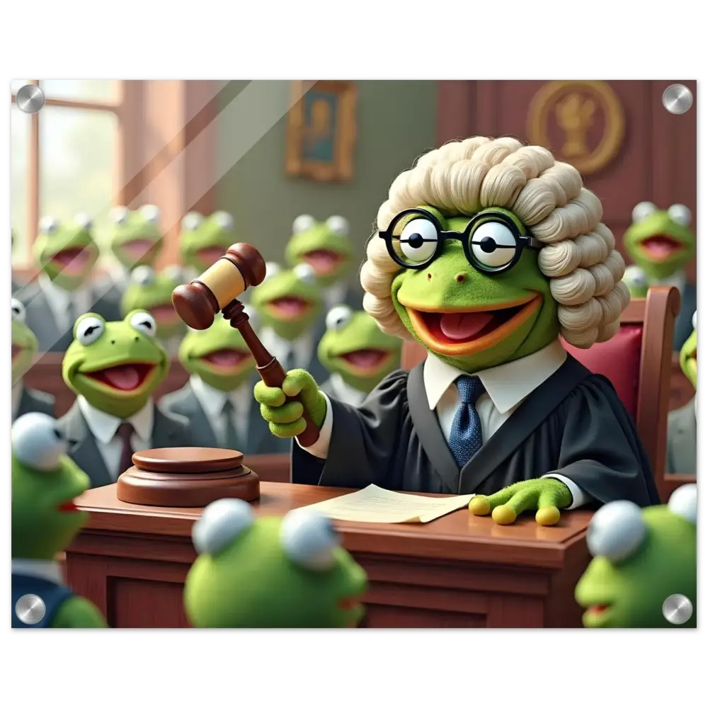 Kermit the Frog judge in a humorous courtroom acrylic print artwork