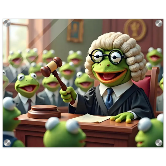 Kermit the Frog judge in a humorous courtroom acrylic print artwork