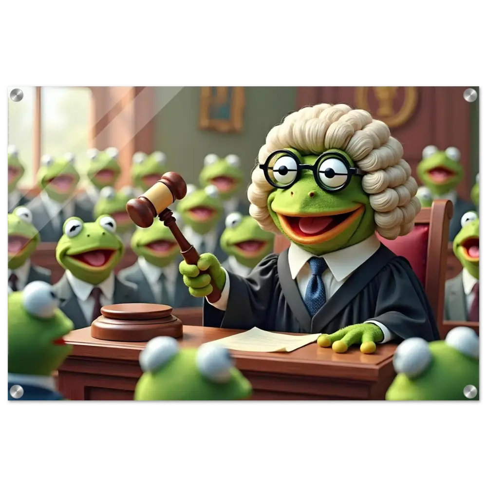 Frog judge with gavel in courtroom scene Acrylic Print PixiOnyx Crystal Humor Display