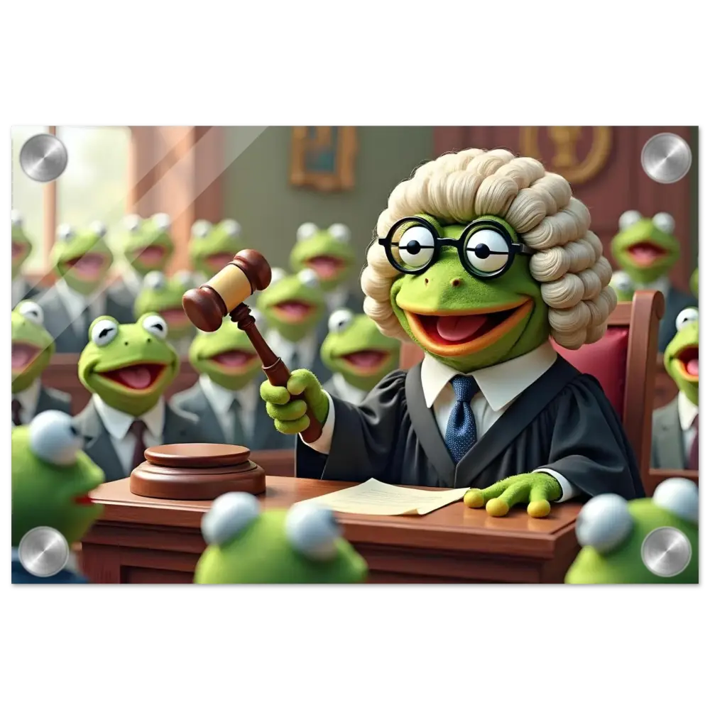 Acrylic print of a frog judge with gavel in a courtroom scene for humorous display