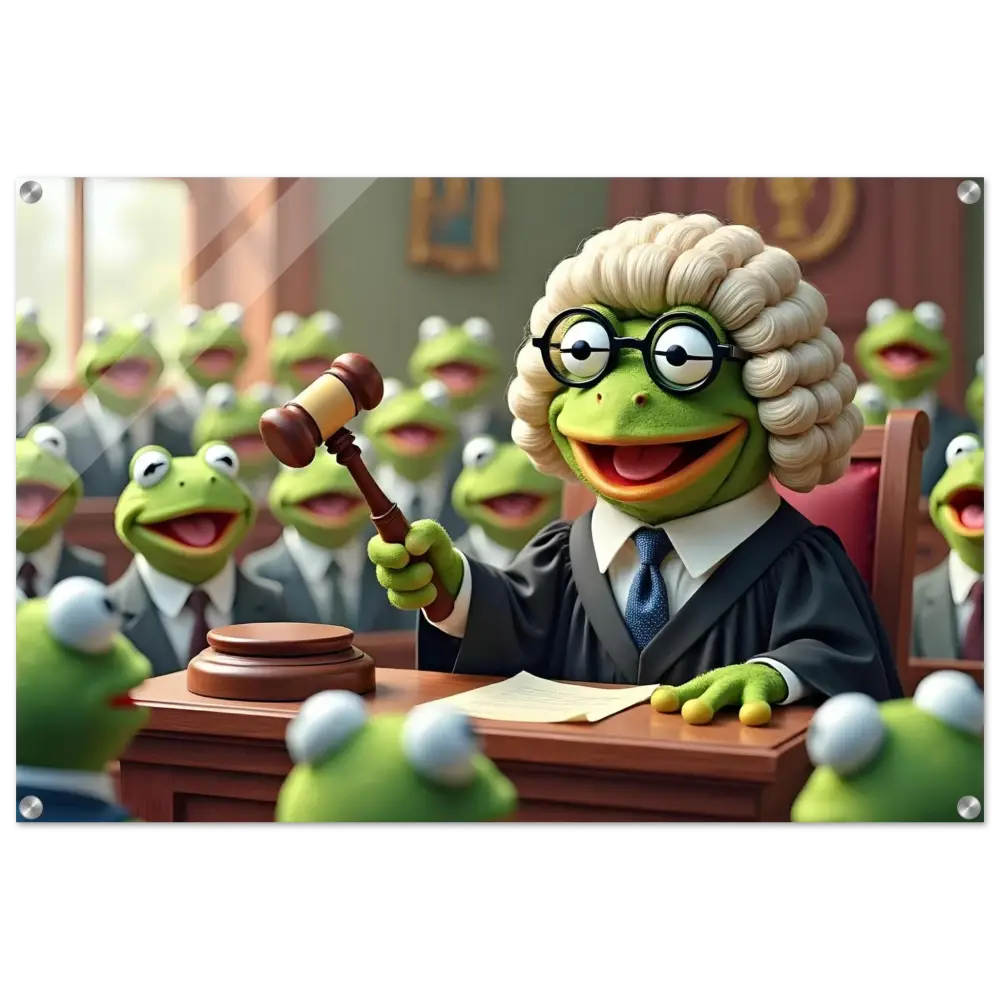 Acrylic print of a frog judge with gavel in a whimsical courtroom scene