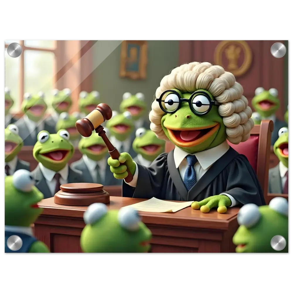 Frog judge with gavel acrylic print in Frog Court Scene humor display