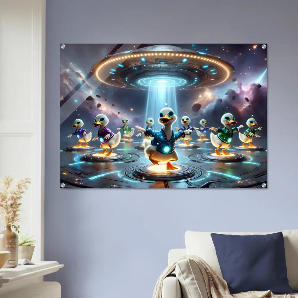 Sci-fi duck abduction wall art on Acrylic Print Galactic Dance Crew PixiOnyx holographic design