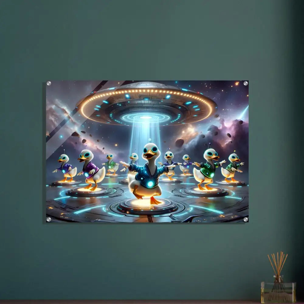 Acrylic print of ducks being abducted by a UFO with Galactic Dance Crew design