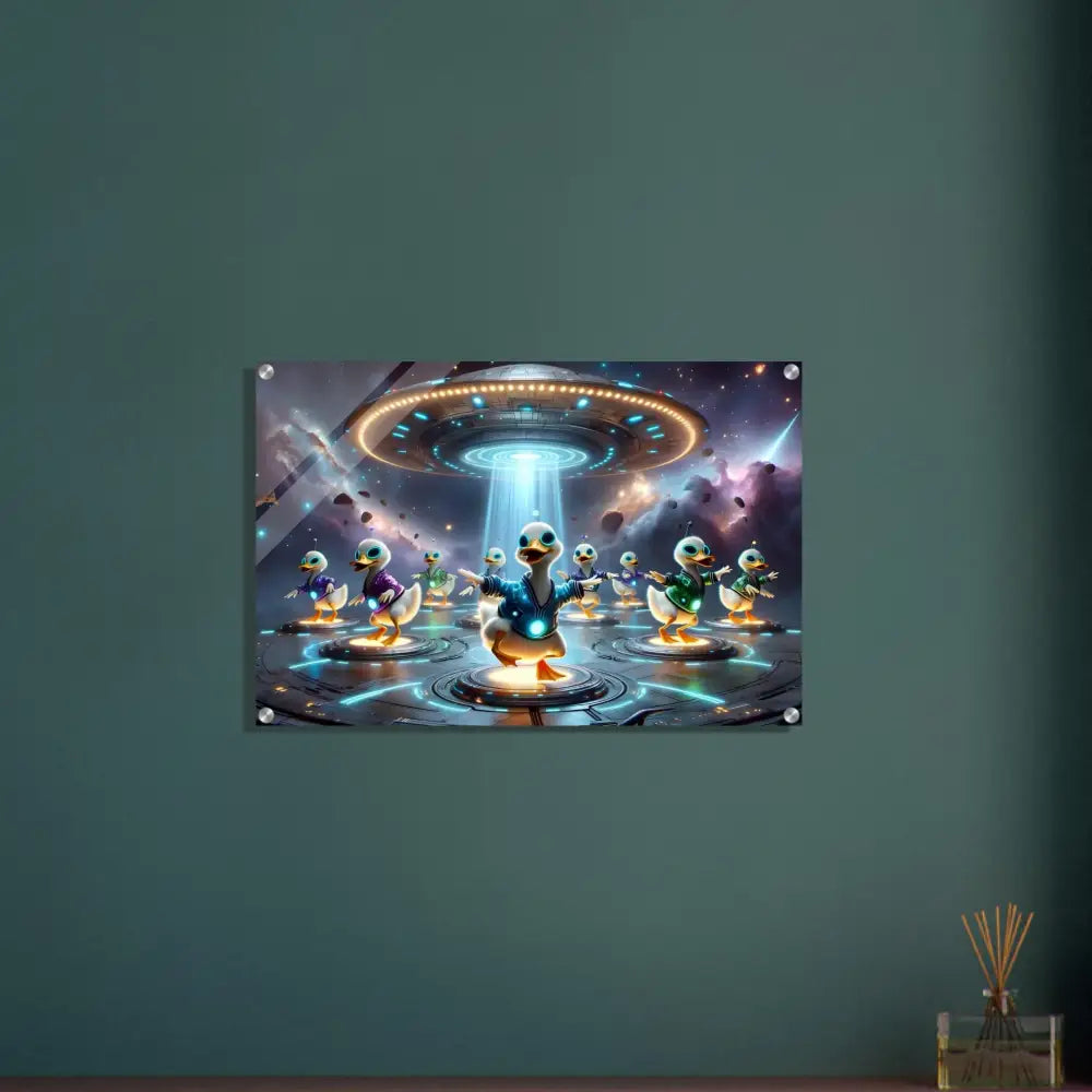 Acrylic print of ducks being abducted by a UFO from Galactic Dance Crew by PixiOnyx