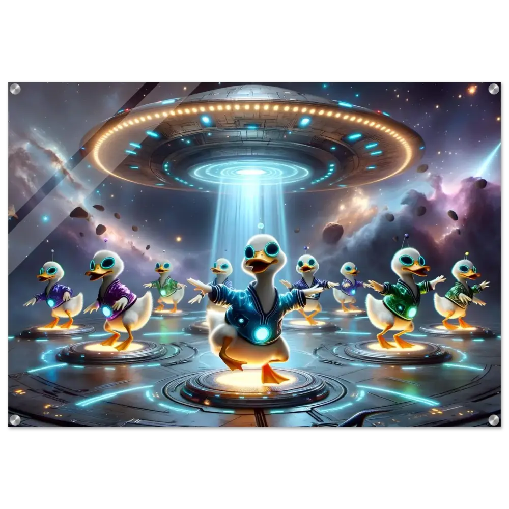 Futuristic duck being abducted by aliens on Galactic Dance Crew Acrylic Print