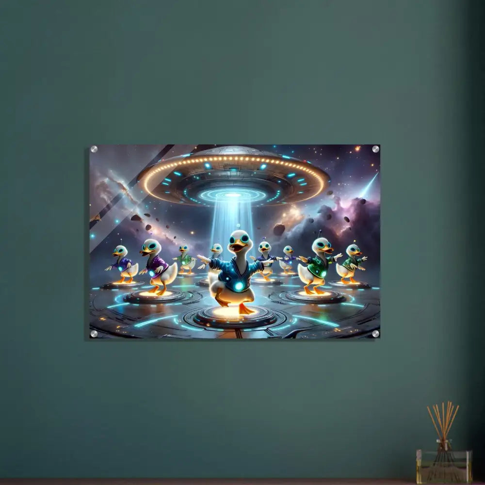 Acrylic print of alien ducks from Galactic Dance Crew displayed in PixiOnyx holographic art