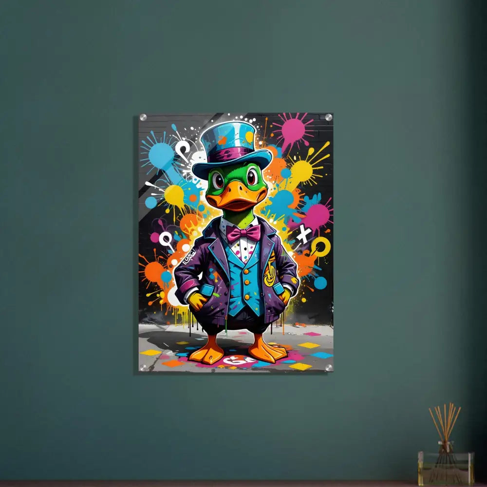 Acrylic print of graffiti art featuring a gangster duck in a suit with urban style