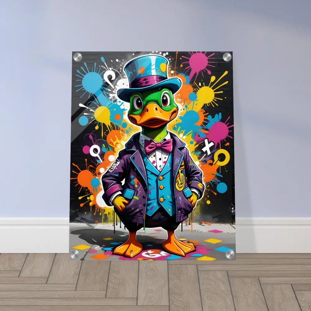Colorful Duck Art Print on Acrylic Wall Art titled Gangster Duck Swagger by PixiOnyx