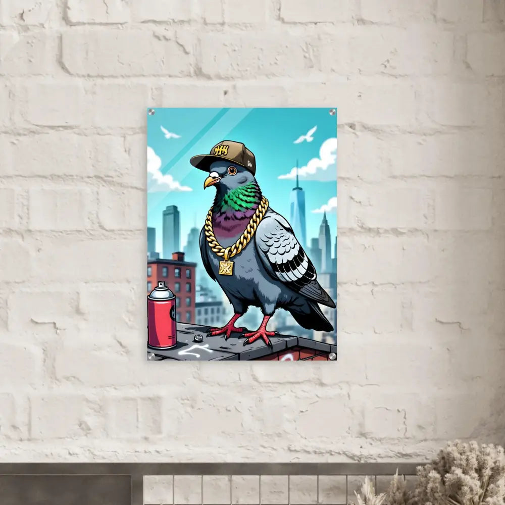 Humorous pigeon art on Acrylic Print titled Gangster Pigeon Skyline by PixiOnyx Crystal City Edition