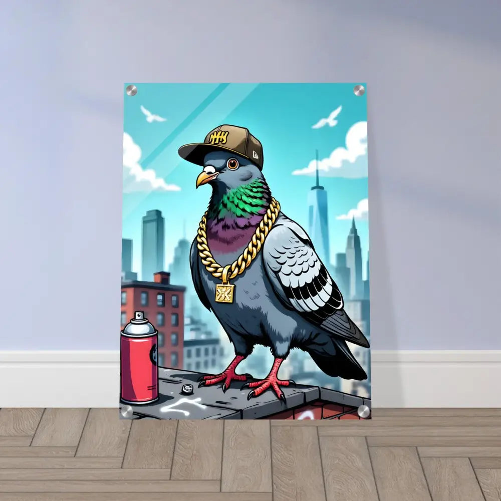 Framed Pigeon Art Acrylic Print featuring Gangster Pigeon Skyline on PixiOnyx Crystal City Edition