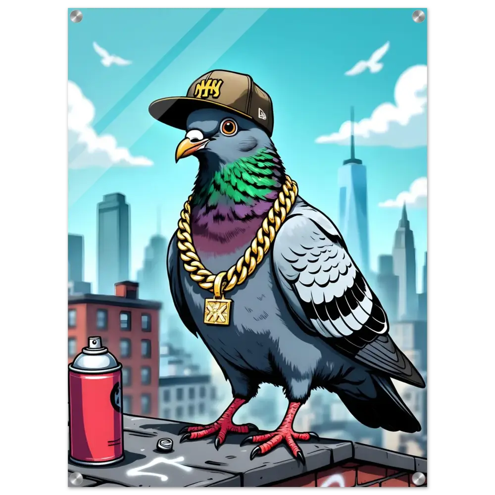 Cartoon pigeon with baseball cap and gold chain on Acrylic Print Gangster Pigeon Skyline