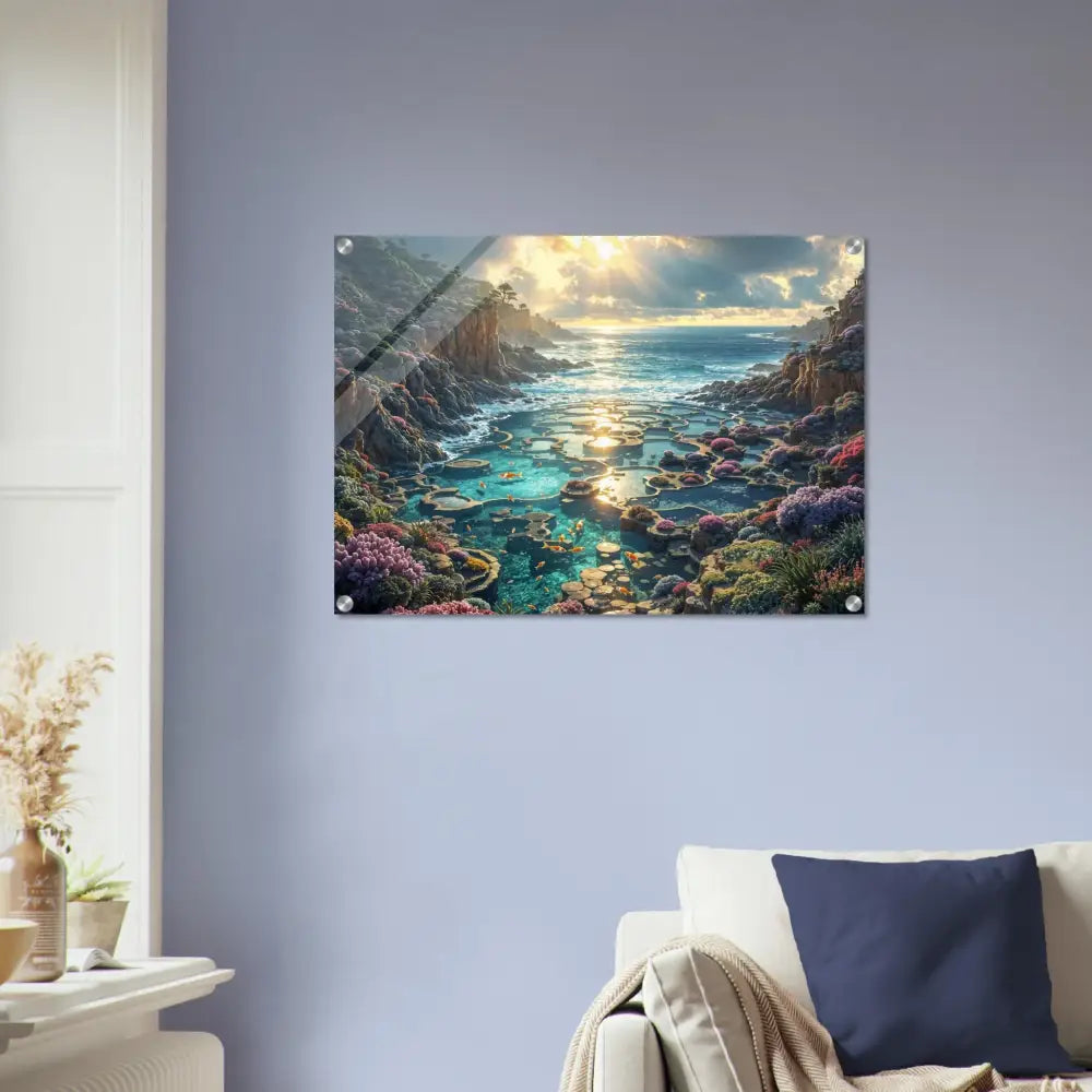 Coastal landscape acrylic print from PixiOnyx Crystalflow Edition featuring ocean waves and cliffs