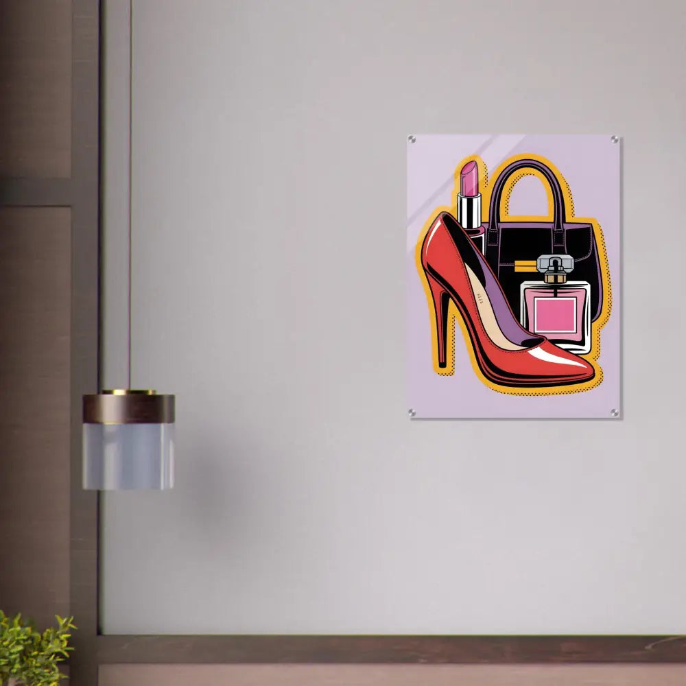 Glam Slam acrylic print featuring PixiOnyx Gloss Bomb Pop with high heels and accessories