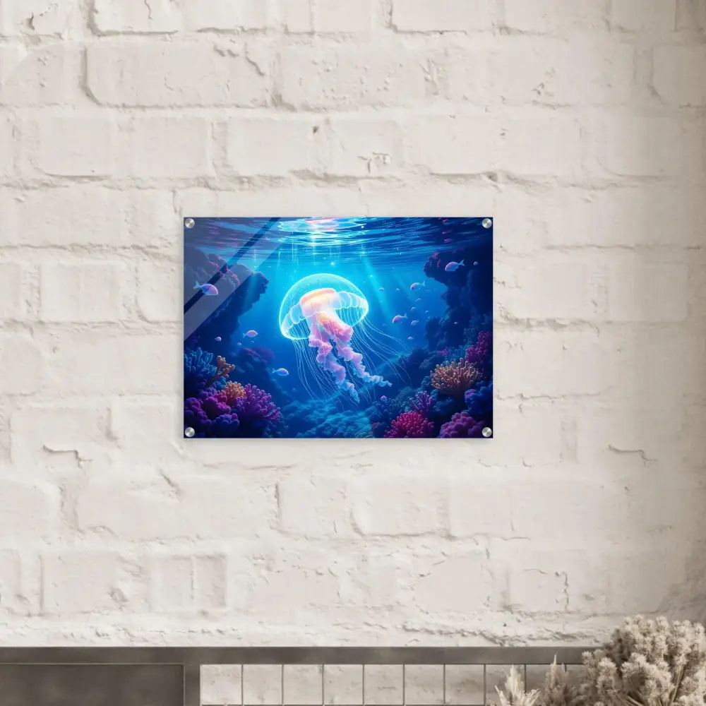 Jellyfish underwater art print displayed on Acrylic Print Glowing Wanderer Cosmic Drift PixiOnyx Ocean Reverie