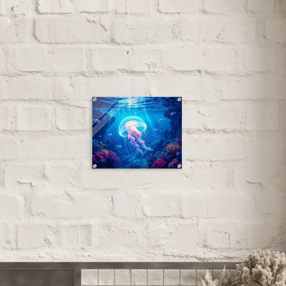 Acrylic print of a glowing jellyfish underwater art for Cosmic Drift PixiOnyx Ocean Reverie