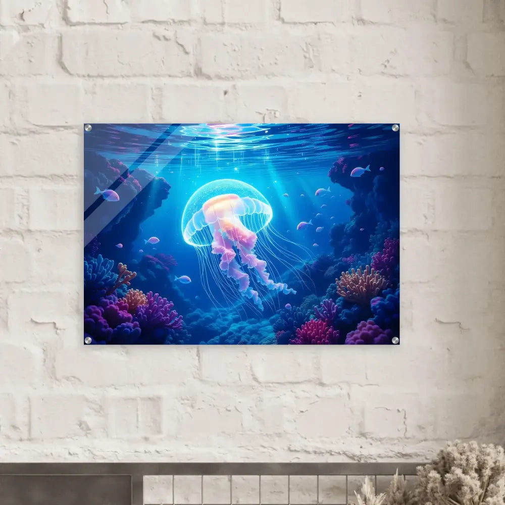 Vibrant jellyfish underwater art Acrylic Print Glowing Wanderer Cosmic Drift PixiOnyx Ocean Reverie