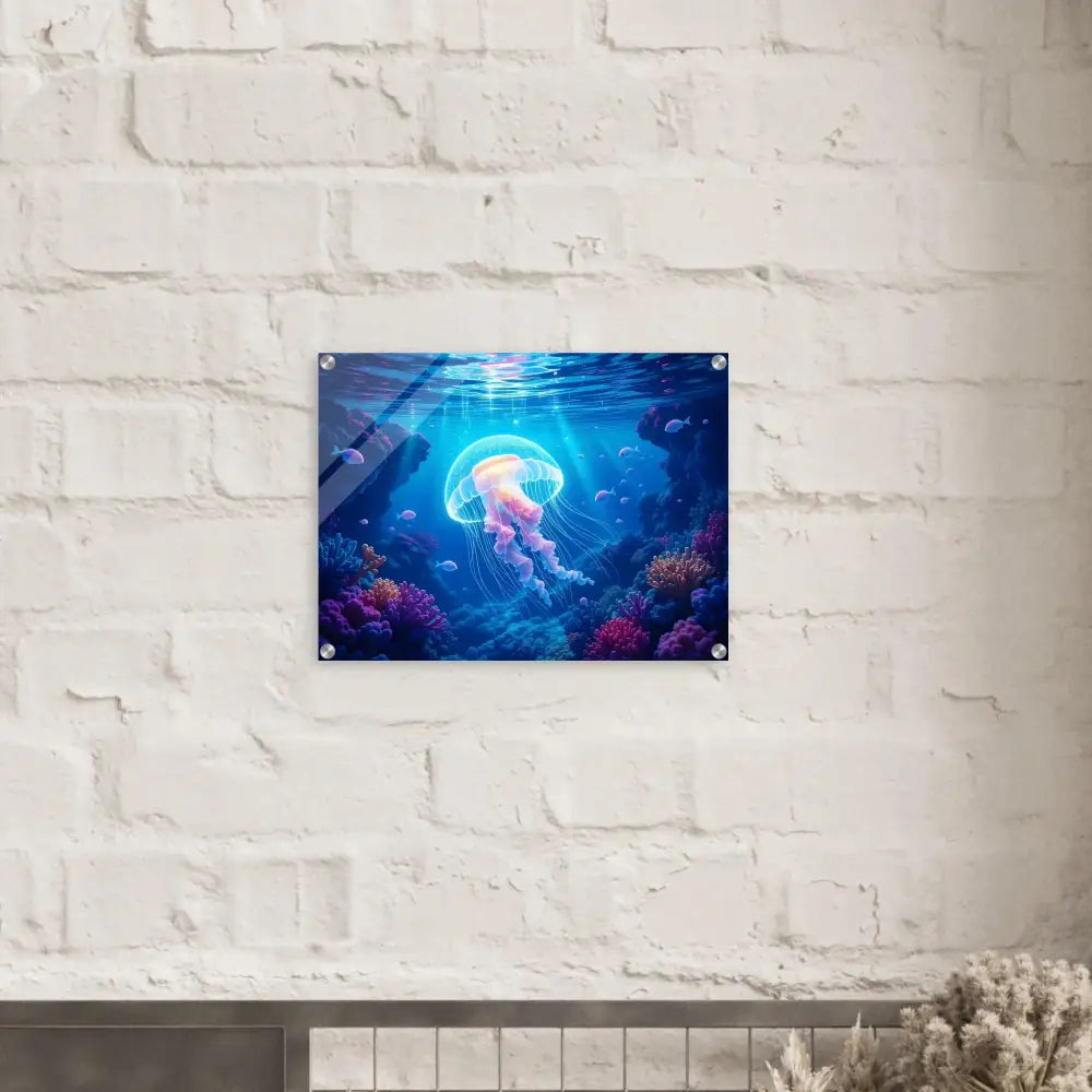 Acrylic print of a glowing jellyfish underwater art piece titled Cosmic Drift by PixiOnyx Ocean Reverie