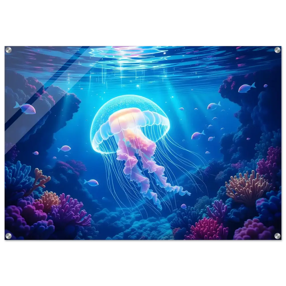 Framed jellyfish artwork acrylic print titled Glowing Wanderer Cosmic Drift by PixiOnyx Ocean Reverie