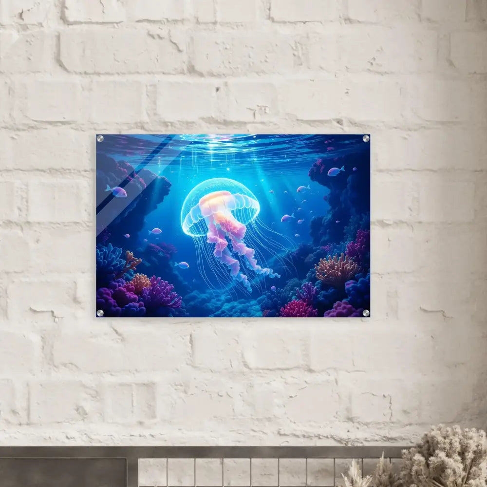 Acrylic print of a glowing jellyfish underwater art, titled Cosmic Drift by PixiOnyx Ocean Reverie