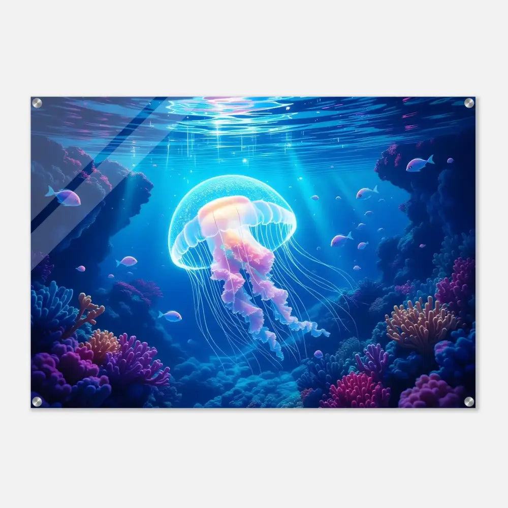 Vibrant underwater jellyfish art on Acrylic Print Glowing Wanderer Cosmic Drift PixiOnyx Ocean Reverie