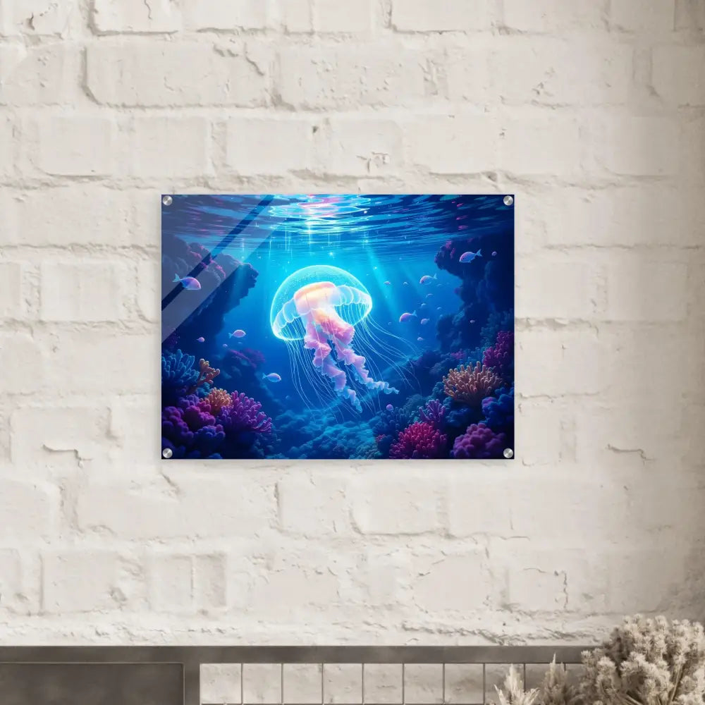 Acrylic print of jellyfish underwater art titled Glowing Wanderer Cosmic Drift by PixiOnyx Ocean Reverie
