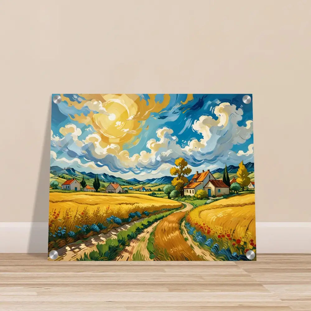 Vibrant landscape painting titled Golden Fields Reverie displayed as Acrylic Print on PixiOnyx