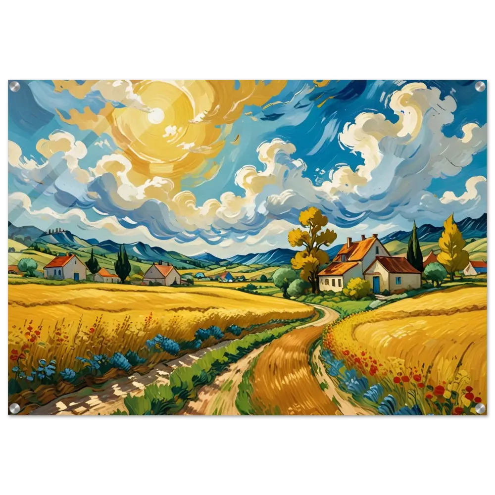 Vibrant impressionistic landscape painting on Acrylic Print Golden Fields Reverie PixiOnyx
