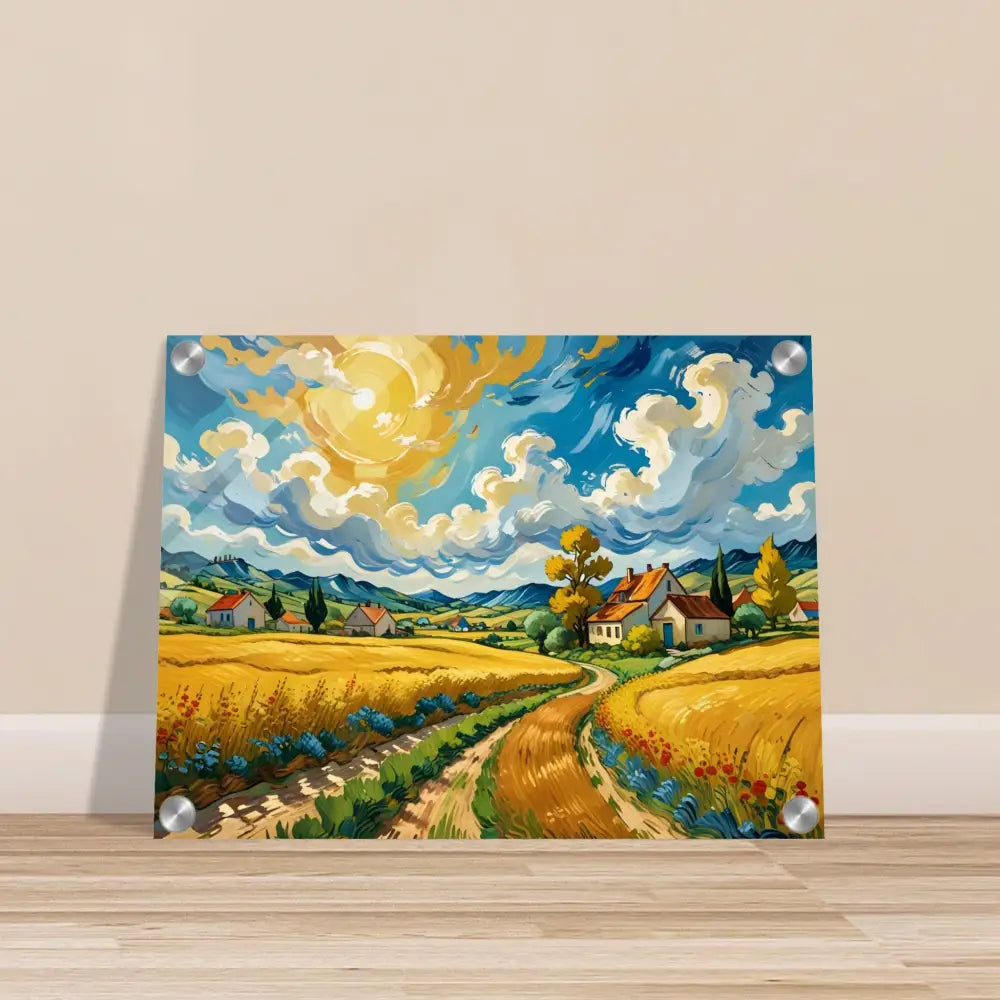 Vibrant landscape painting titled Golden Fields Reverie on Acrylic Print by PixiOnyx