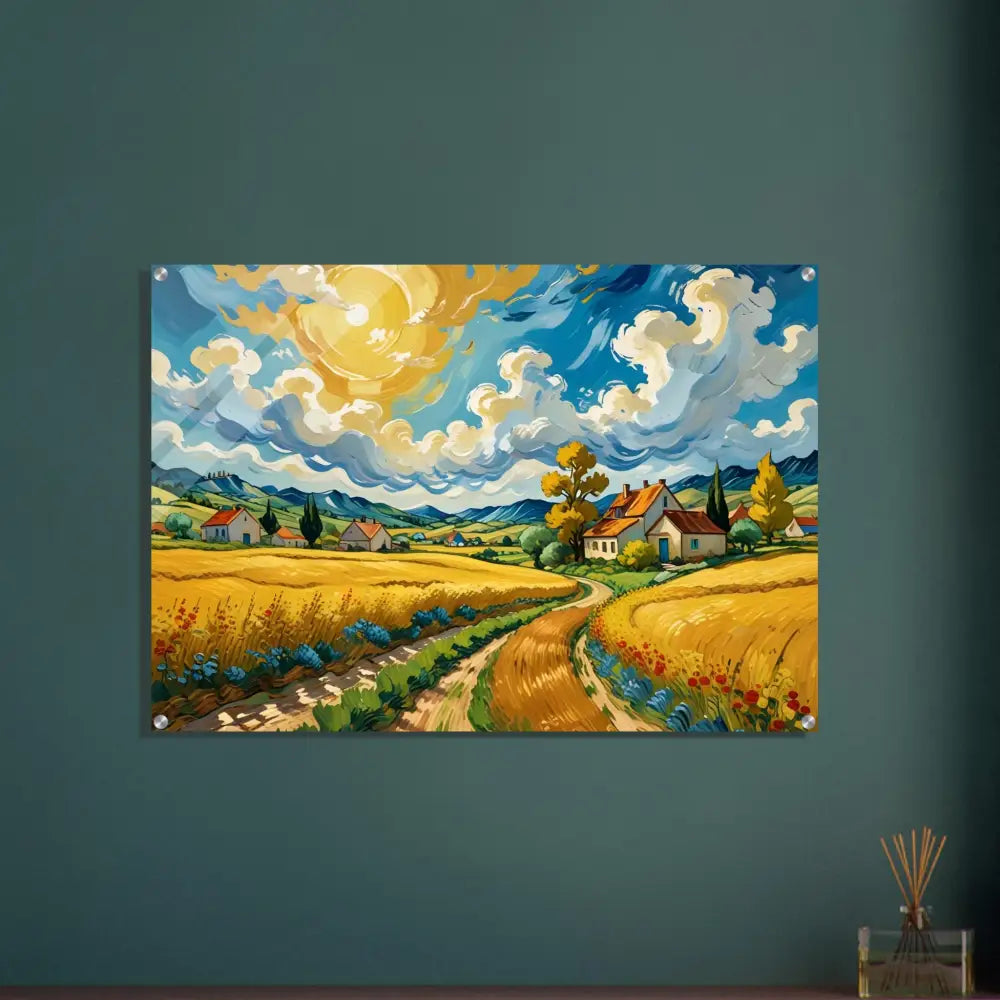 Vibrant landscape painting titled Golden Fields Reverie displayed as Acrylic Print by PixiOnyx