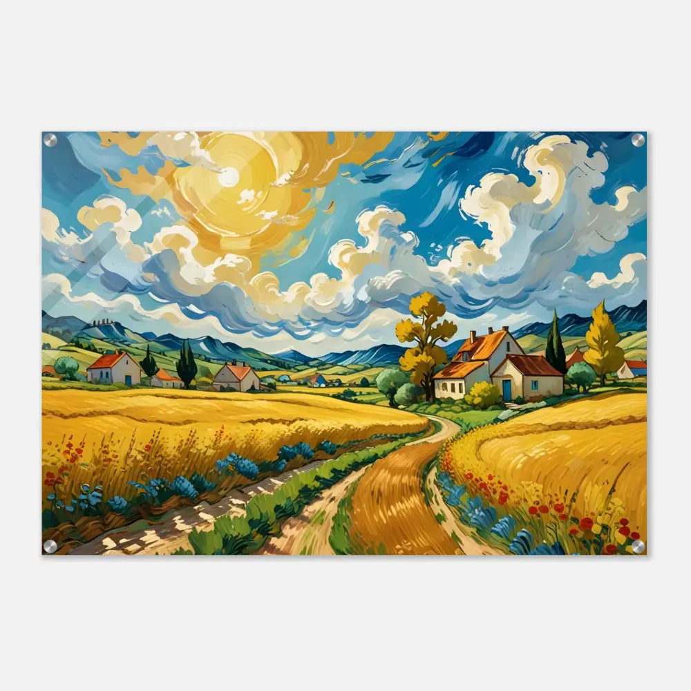 Impressionistic landscape painting on acrylic print titled Golden Fields Reverie by PixiOnyx