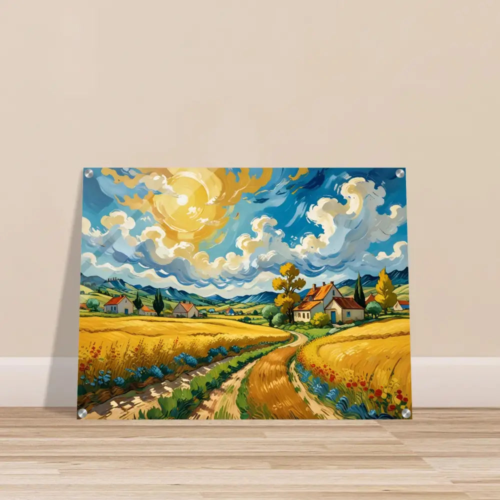 Vibrant landscape painting of golden fields in a PixiOnyx Acrylic Print titled Pastoral Dreamscape