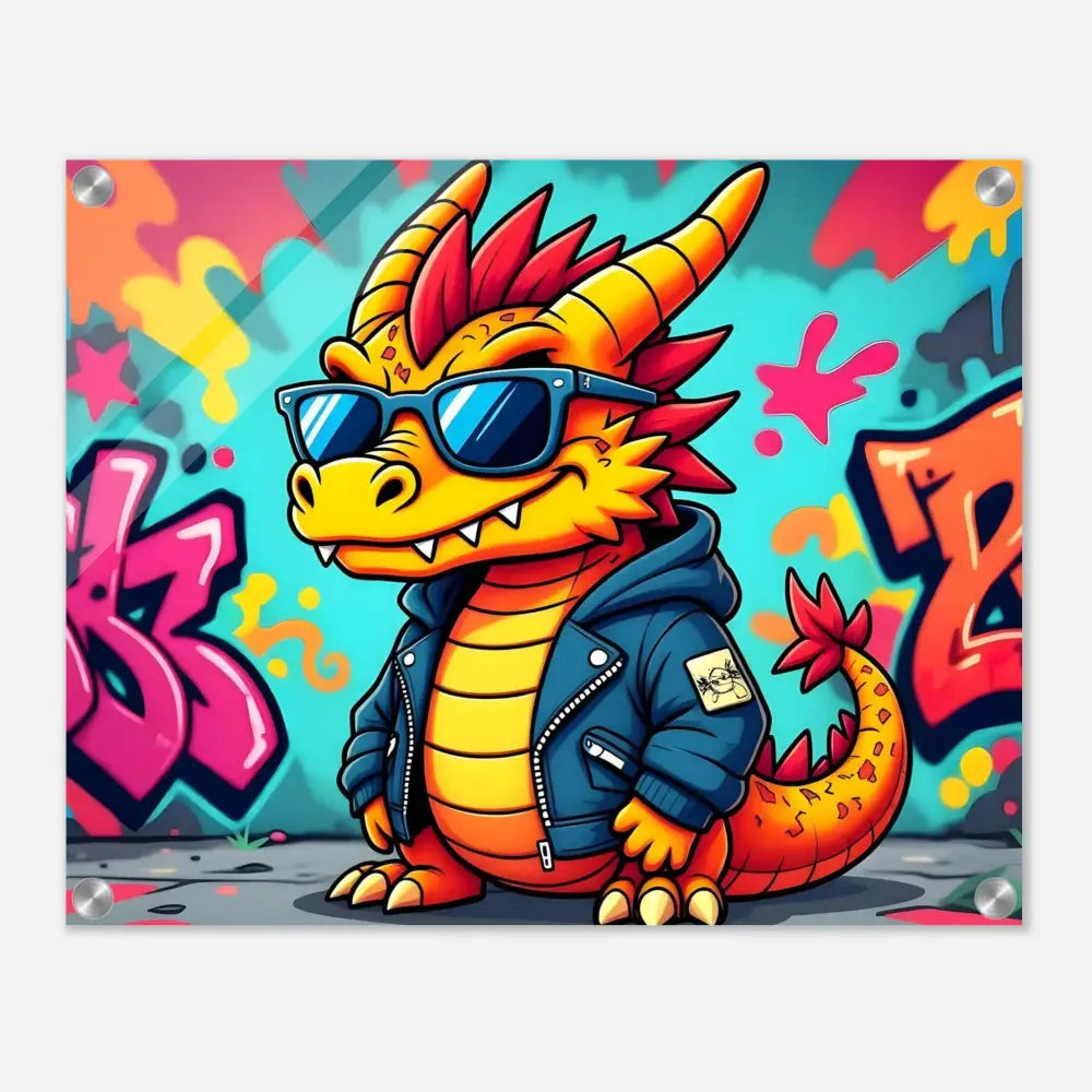 Cartoon dragon in a leather jacket and sunglasses on Acrylic Print Graffiti Groove Dragon