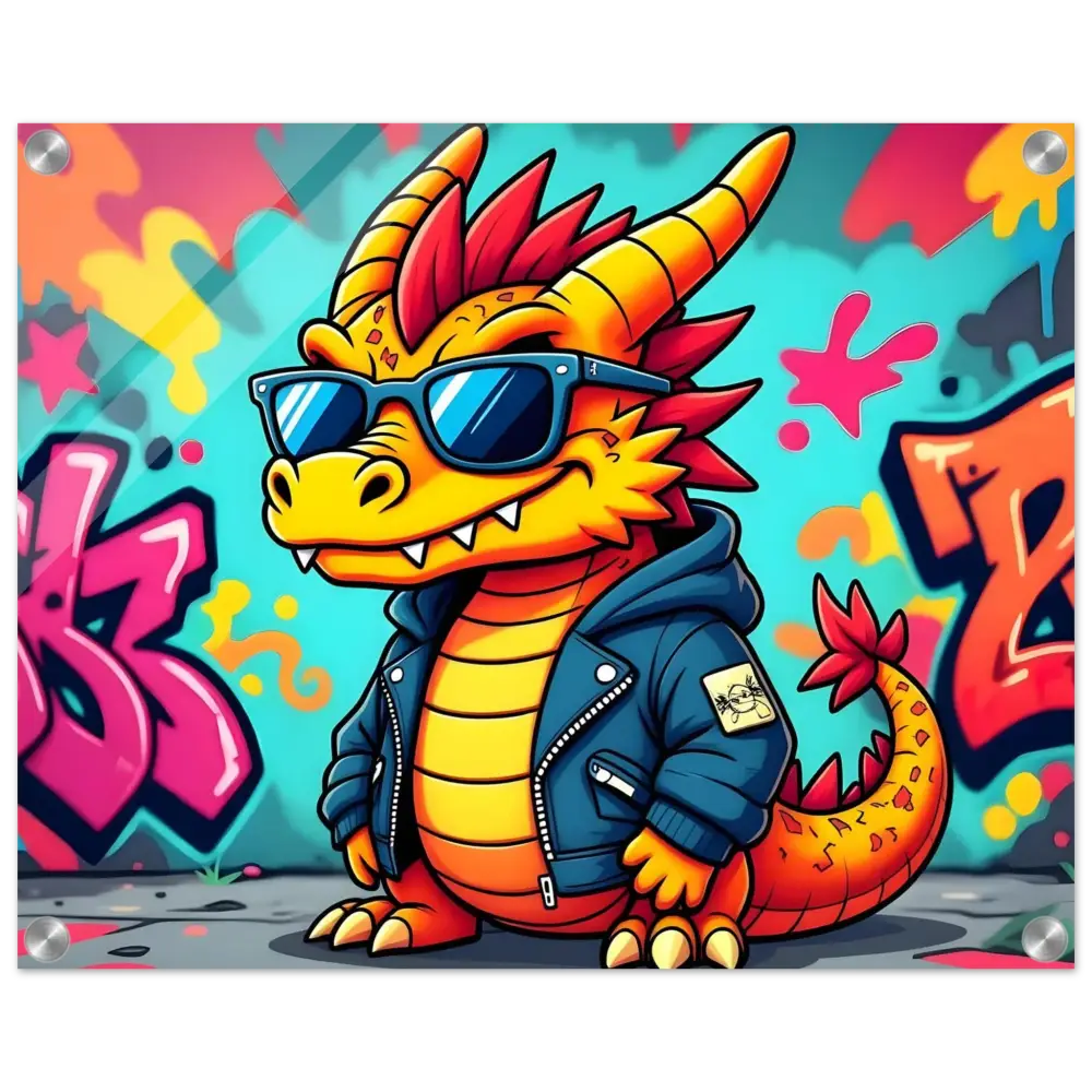 Cartoon dragon wearing sunglasses and jacket on Graffiti Groove Dragon Acrylic Print by PixiOnyx