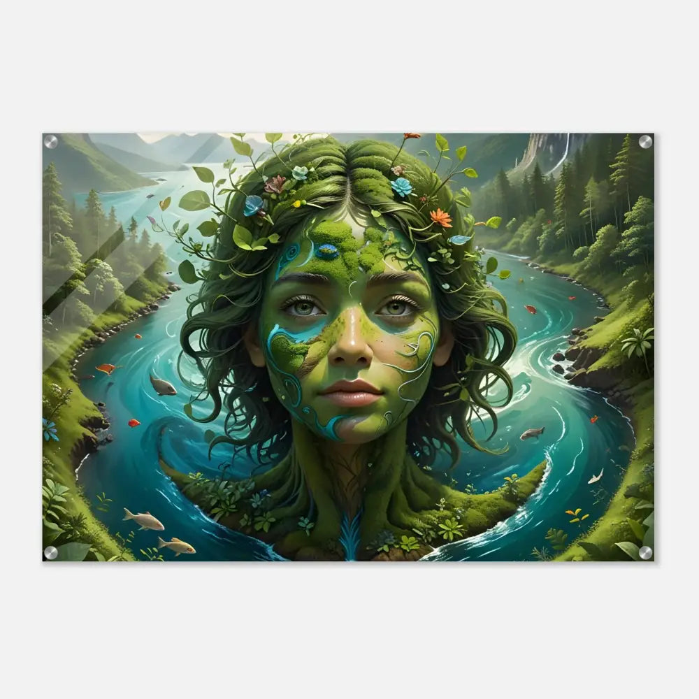 Nature goddess acrylic print showcasing vibrant green colors and ethereal design