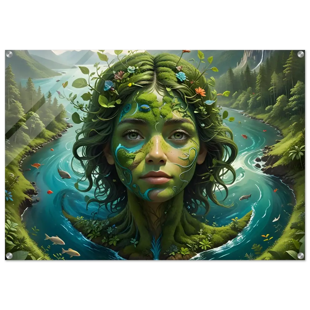 Acrylic print of a serene Nature goddess portrait titled Green Goddess by PixiOnyx