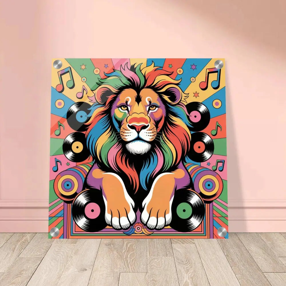 Vibrant pop art lion acrylic print featuring Groove King and PixiOnyx Gloss Groove reflected power