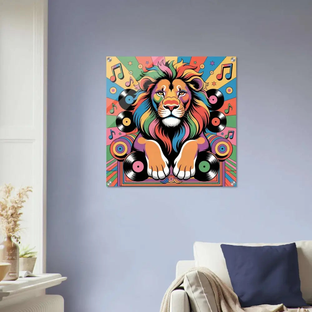 Colorful lion art print with musical notes and vinyl records showcasing Groove King and reflected power