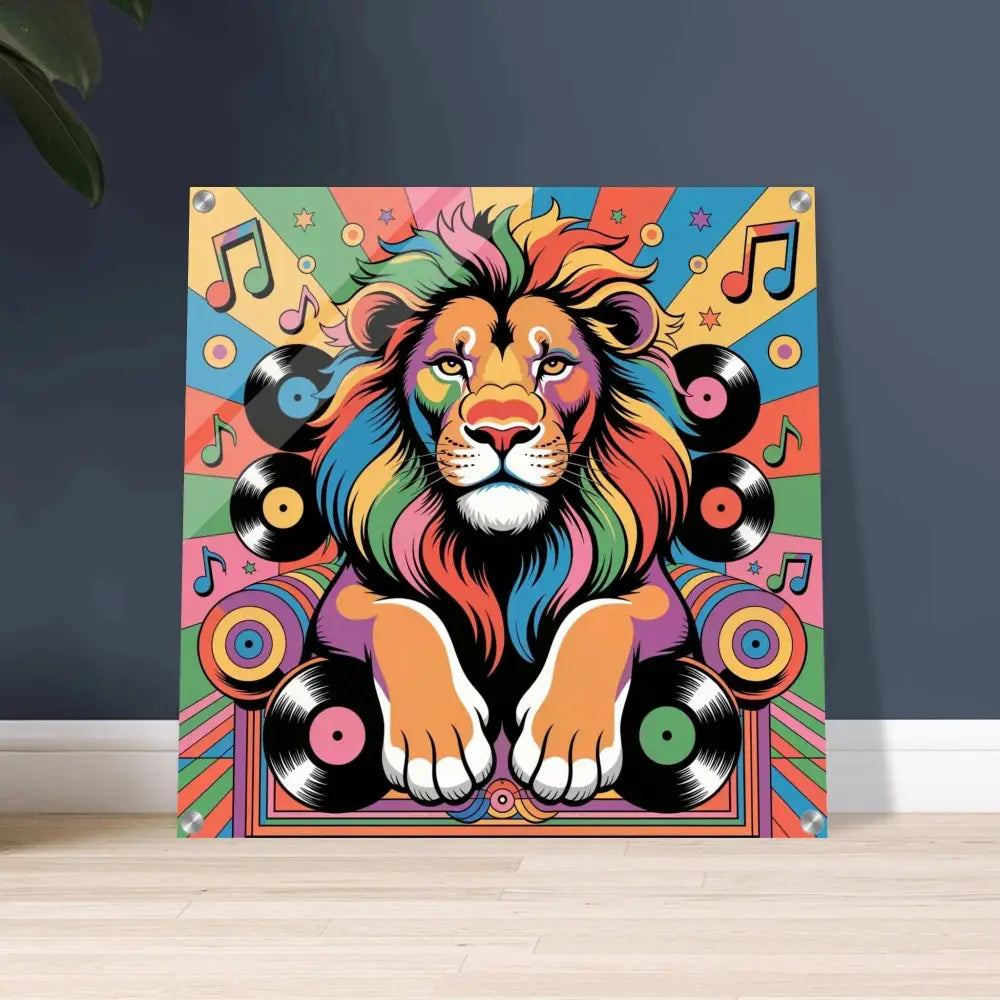 Vibrant pop art lion acrylic print featuring Groove King and PixiOnyx Gloss Groove reflected power