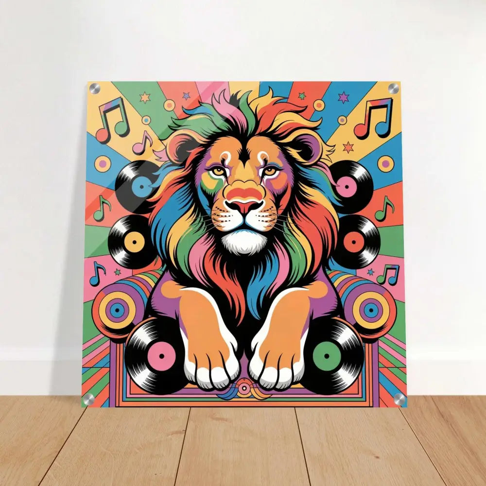 Vibrant pop art lion illustration with musical notes and vinyl records for Groove King acrylic print