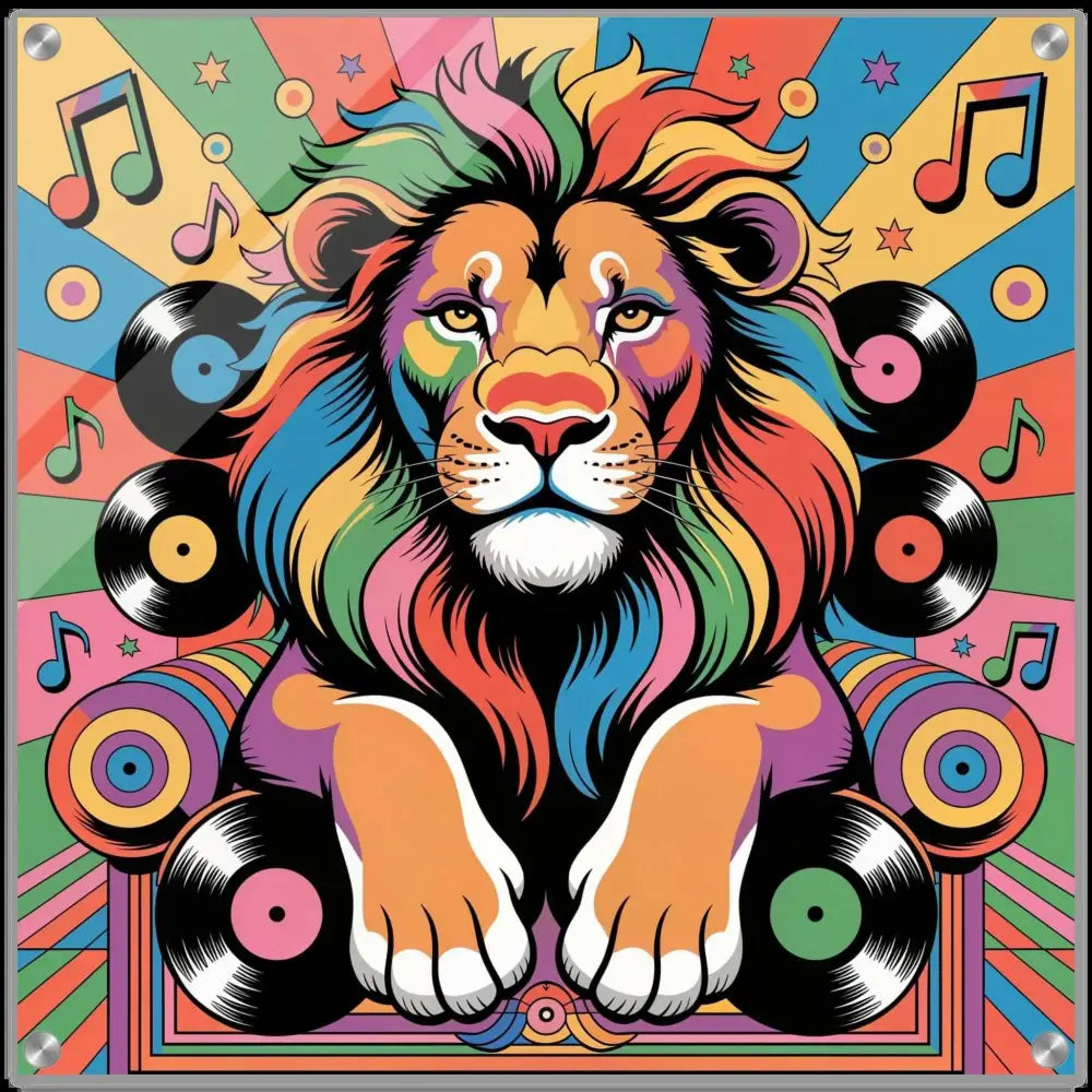 Acrylic print of Groove King lion with rainbow mane, musical notes, vinyl records in PixiOnyx Gloss Groove style