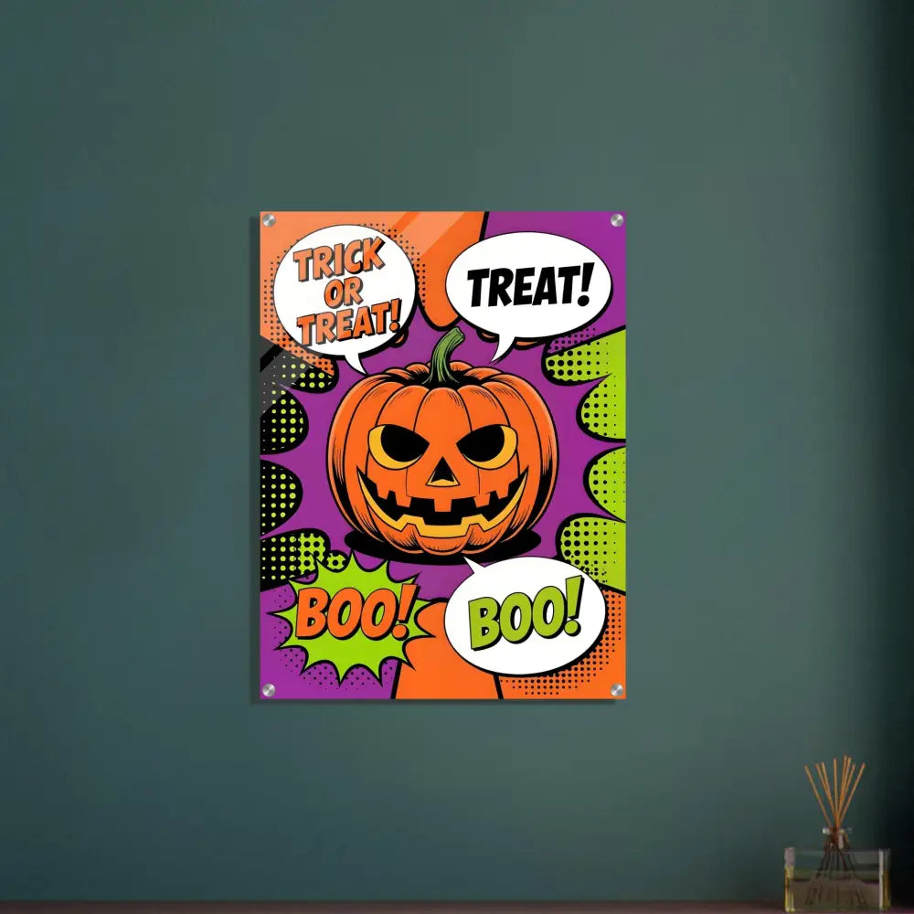 Halloween pop art acrylic print featuring a jack-o-lantern with comic book speech bubbles
