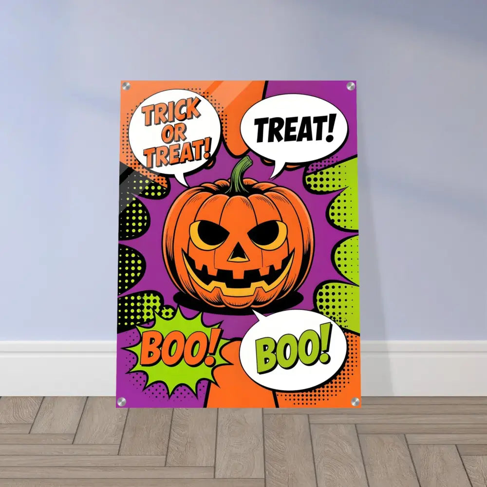 Halloween pop art acrylic print featuring a trick-or-treat pumpkin comic poster