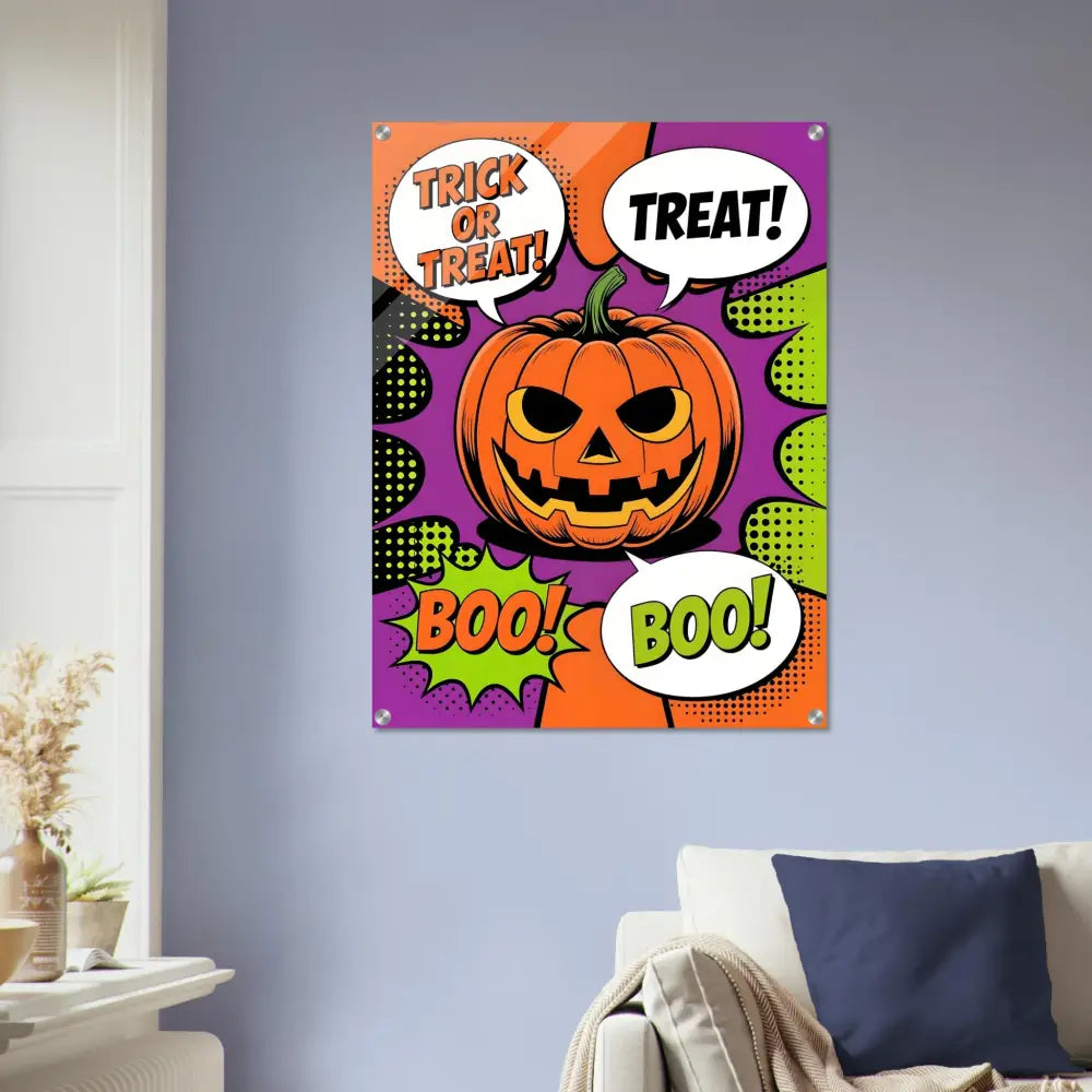 Acrylic Print Halloween Pop Art featuring a vibrant carved pumpkin in pop art style