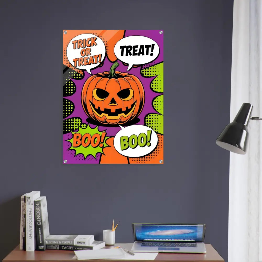 Halloween pop art poster featuring a jack-o’-lantern for Trick-or-Treat decor