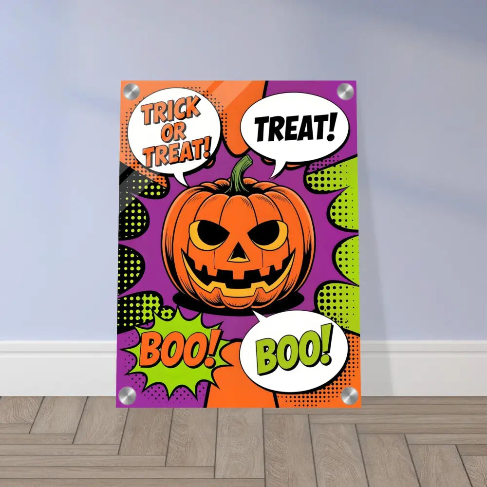 Vertical acrylic print featuring Halloween pop art with a jack-o’-lantern comic design