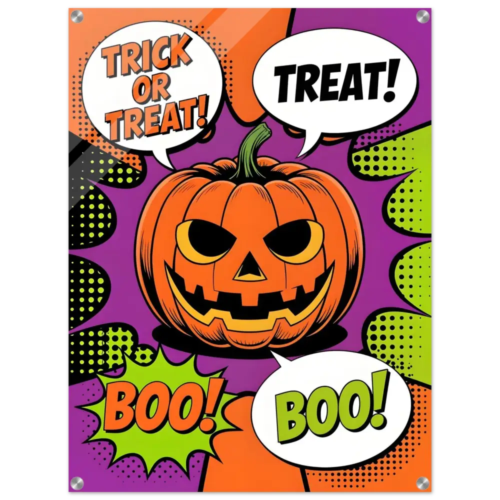 Vibrant Halloween pop art poster featuring a grinning Trick-or-Treat Pumpkin acrylic print